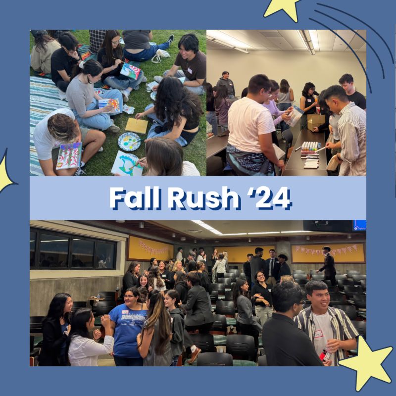 LinkedIn post with a light blue background. Featuring two images on the top half of Alpha Phi Omega members. Separated by the title "Fall Rush '24" is the bottom image of members sitting in an auditorium. Yellow stars litter the border