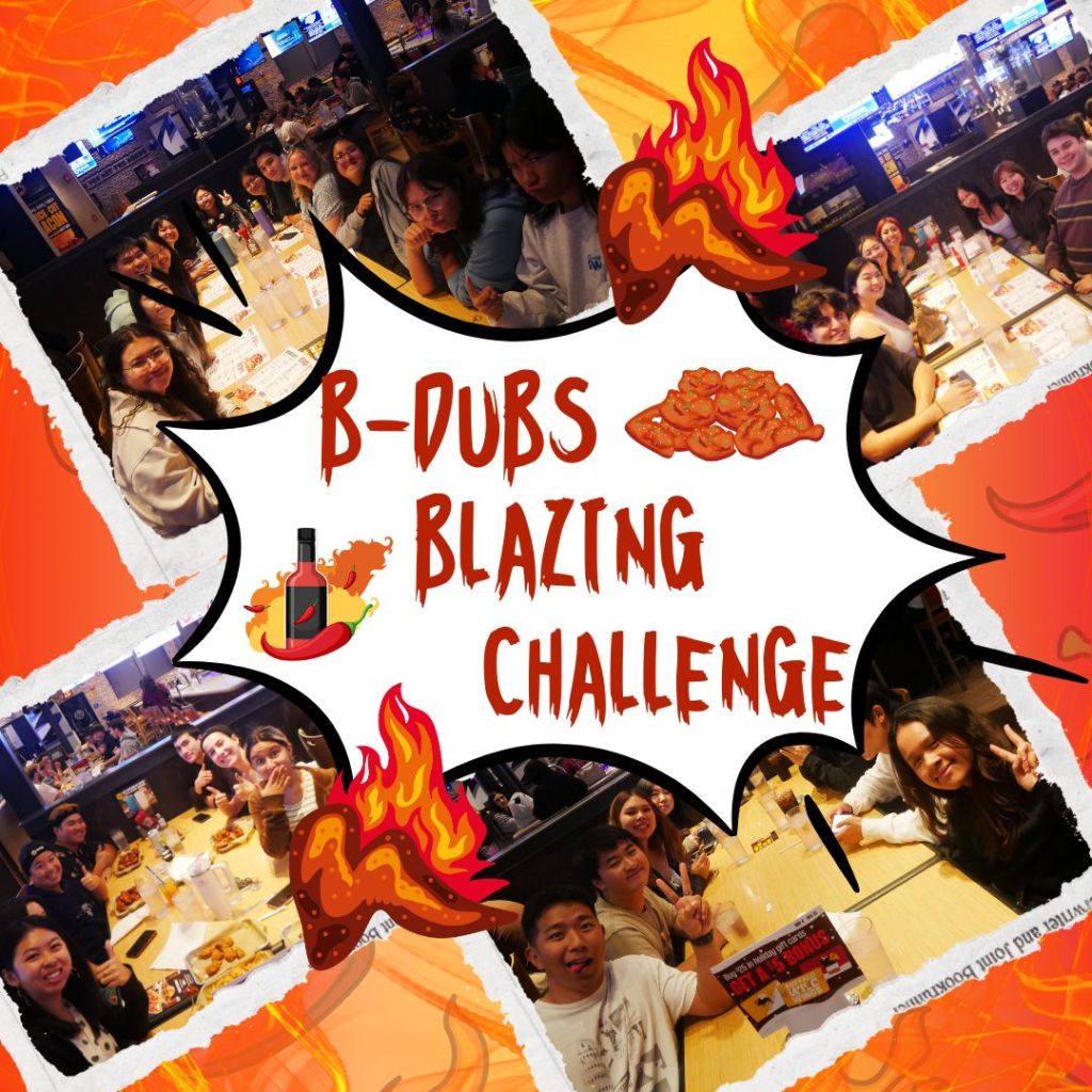 LinkedIn post featuring four images of Alpha Phi Omega members at Buffalo Wild Wings. In the center of the cartoon image is the caption "B-Dubs Blazin' Challenge".