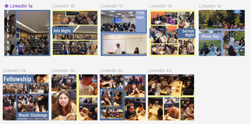 Collection of redesigned LinkedIn posts. The top 5 posts recap Alpha Phi Omega's Rush events. The bottom 4 images recap a fellowship at Buffalo Wild Wings. 